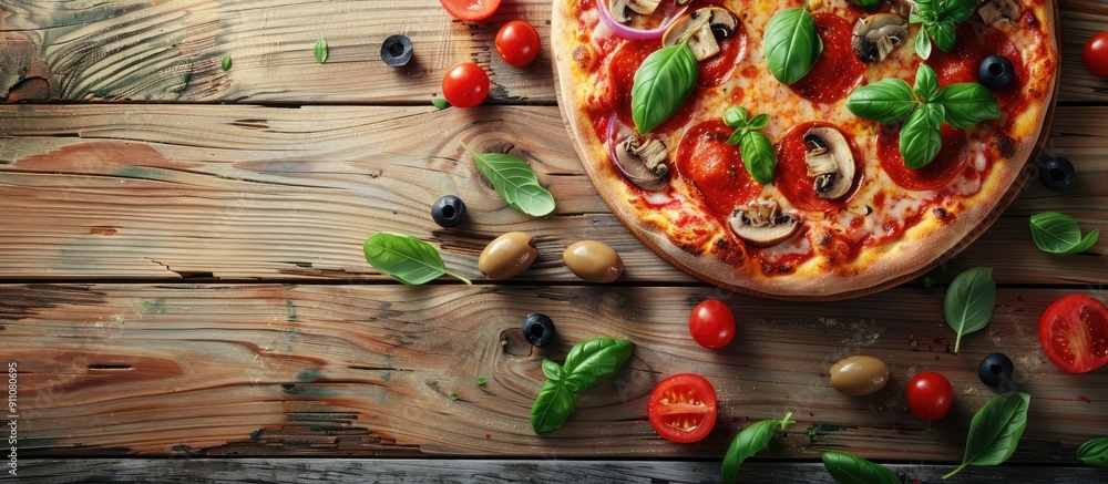 Poster delicious pizza topped with basil mushrooms olives and tomato placed on a wooden surface viewed from