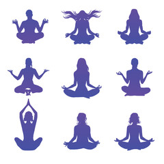 Vector silhouettes of the lotus pose. Yoga and meditation silhouettes of women