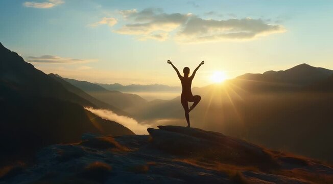 Silhouette of a person practicing yoga in a tree pose on a mountain peak at sunrise, surrounded by a serene landscape.