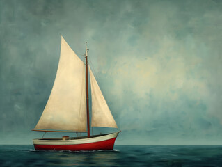 Single sailing boat on the sea, painting