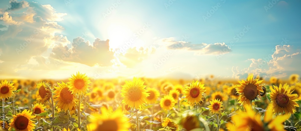 Poster sunflowers in a field with a blue sky backdrop creating an agricultural scene with copy space image