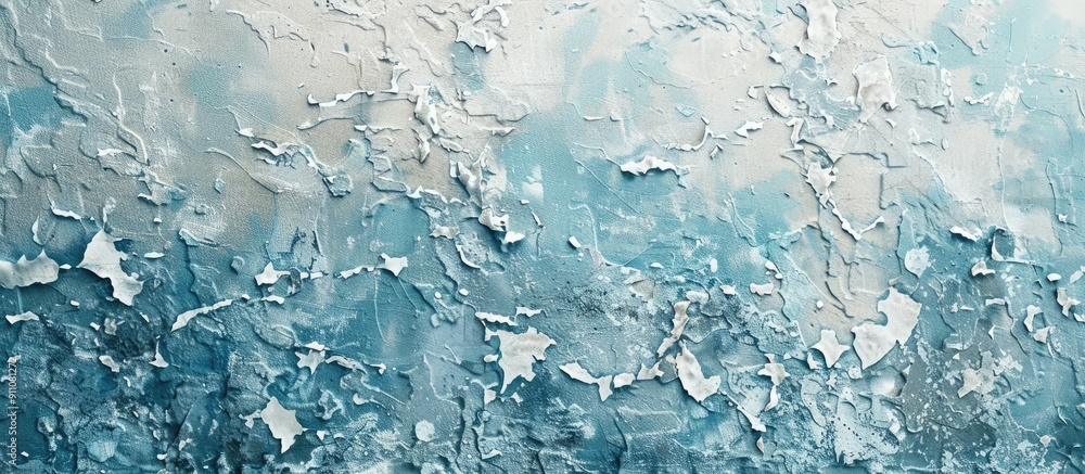 Poster close up of a textured stucco wall with white and blue hues creating a weathered and aged aesthetic 