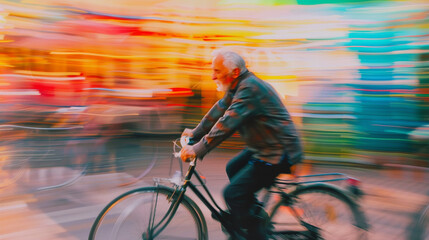 Naklejka premium Abstract image of an elderly person cycling, capturing the detailed motion and vibrant colors