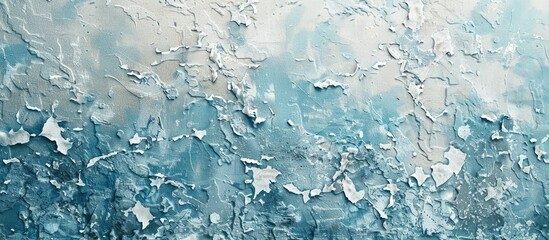 Fototapeta premium Close up of a textured stucco wall with white and blue hues creating a weathered and aged aesthetic suitable as a backdrop with copy space image