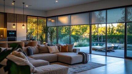 High-tech smart home with automated blackout cellular shades, controlled via a mobile device, adjusting to the evening light
