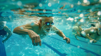 Abstract image of seniors swimming in a pool, showing the detailed water effects and active movement