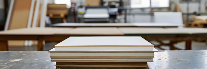 Fototapeta premium stack of blank wooden art frames, modern frames, print machine in background inside clean modern area