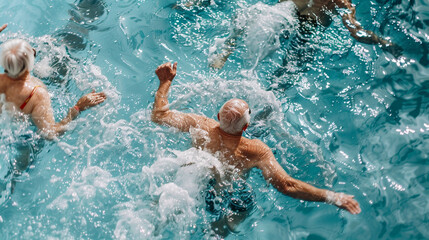 Abstract image of seniors swimming in a pool, showing the detailed water effects and active movement