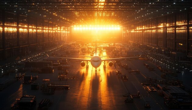 Airplane in hangar with sunlight streaming through