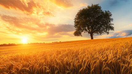 Wheat flied panorama with tree at sunset, rural countryside - Agriculture