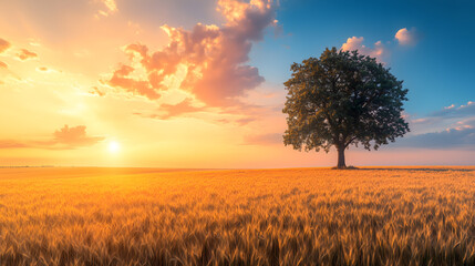 Obraz premium Wheat flied panorama with tree at sunset, rural countryside - Agriculture