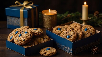 Fototapeta premium A box of fresh cookies and biscuits. Each has unique shape, design and taste. Luxury and delicious with a traditional look.