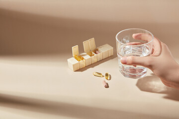 Preparation for medicine drinking photography from high angle shot at the beige table top with a...