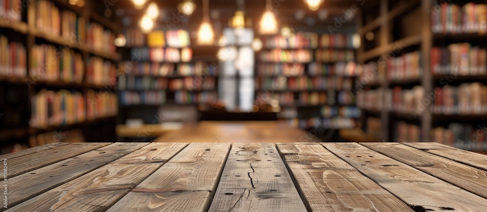 Poster wooden table with blurred library background providing copy space for product placement amid books o
