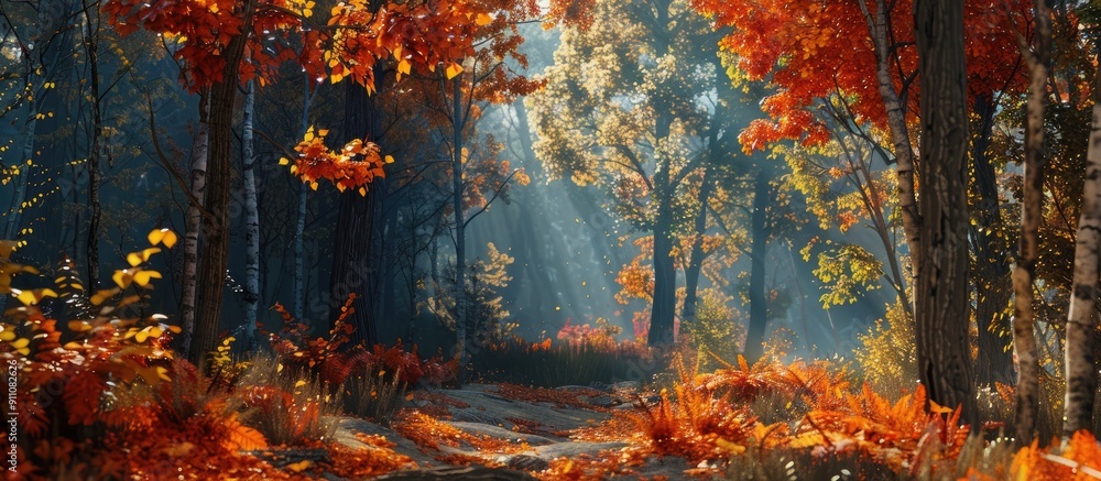 Poster Vibrant fall foliage in the forest creating a picturesque setting with a copy space image