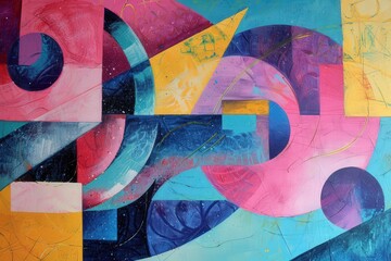 Fototapeta premium Vibrant abstract geometric painting featuring overlapping colorful shapes, circles, and triangles on a textured canvas for modern interior decor.