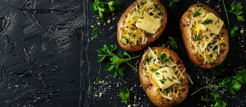 Top view of baked jacket potatoes topped with cheese herbs and butter on a black background with ample copy space image
