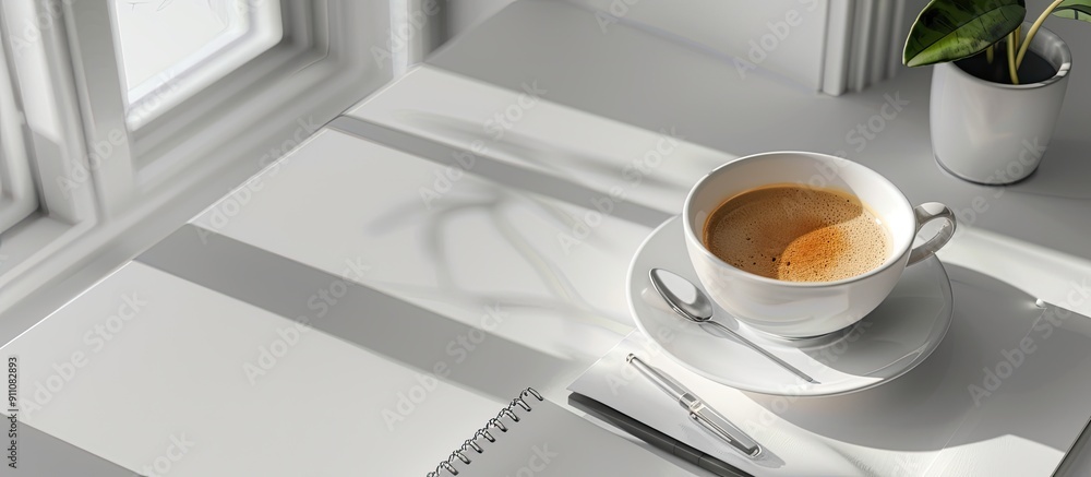 Poster office setup with a cup of coffee and notebooks on a white backdrop perfect for a copy space image