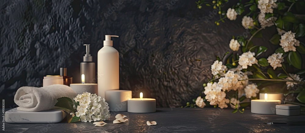 Poster a serene spa setting with hydrangea flowers cosmetic products and glowing candles on a gray table ag