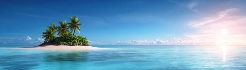 A serene tropical island with lush palms surrounded by clear turquoise water under a bright blue sky, perfect for relaxation.