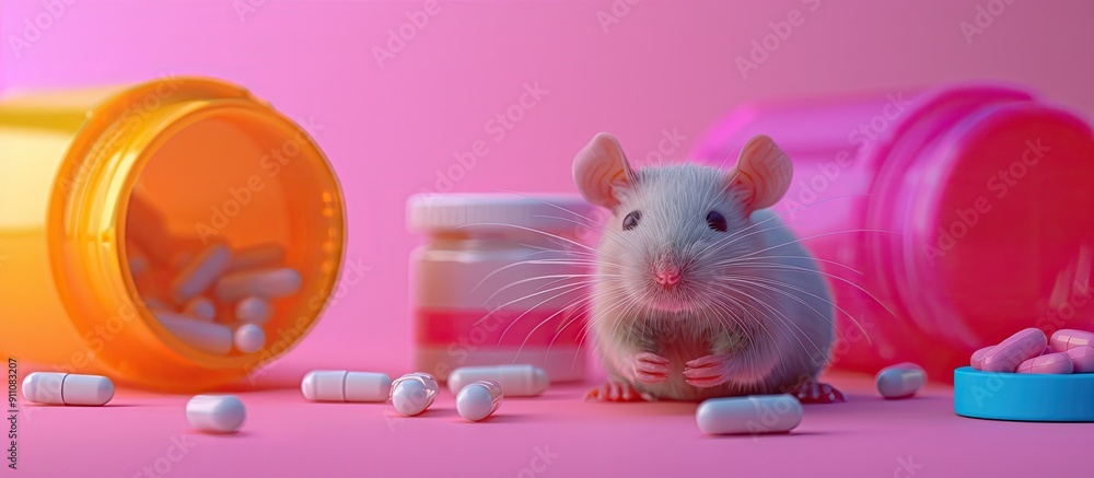 Poster colorful background with a toy rat and pill containers suitable for a text overlay in the copy space