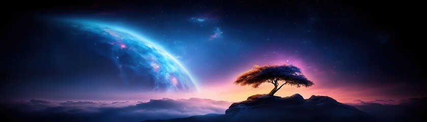 A stunning cosmic landscape featuring a lone tree beneath a vibrant alien planet and a colorful sky at twilight.