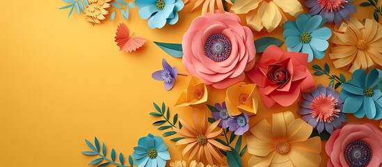Fototapeta premium Vivid paper flowers and notes with colorful text on a yellow backdrop allowing for text within the copy space image