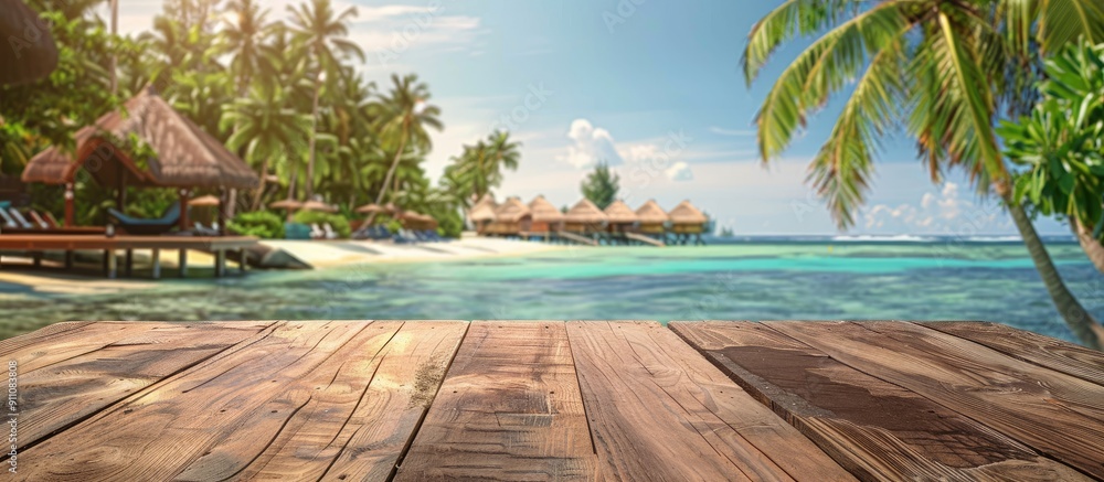 Poster wooden table surface available for showcasing products in front of a tropical resort backdrop provid