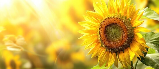 Fototapeta premium A bright yellow sunflower in a field shown up close with space around it for text or graphics Copy space image