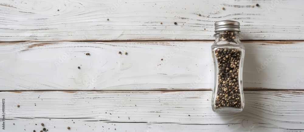 Poster top down view of a pepper shaker on a white wooden table with ample copy space image