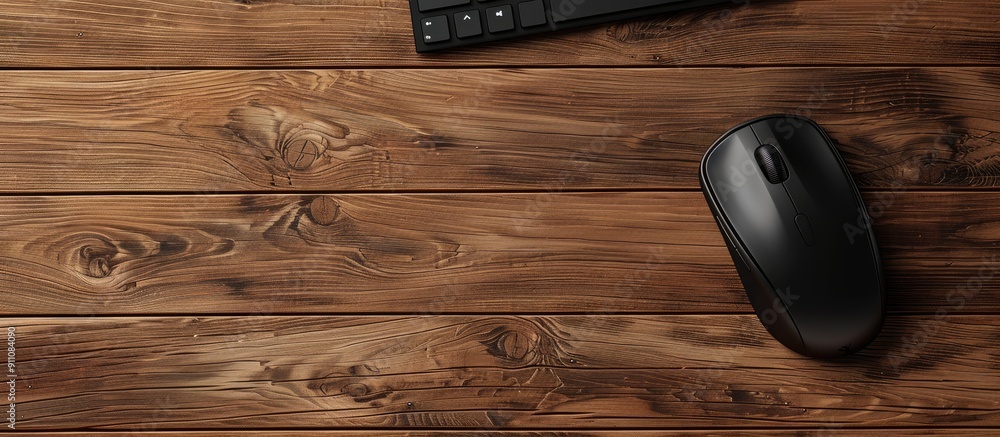 Poster top view of a computer mouse and mousepad on a wooden desk with a copy space image for text