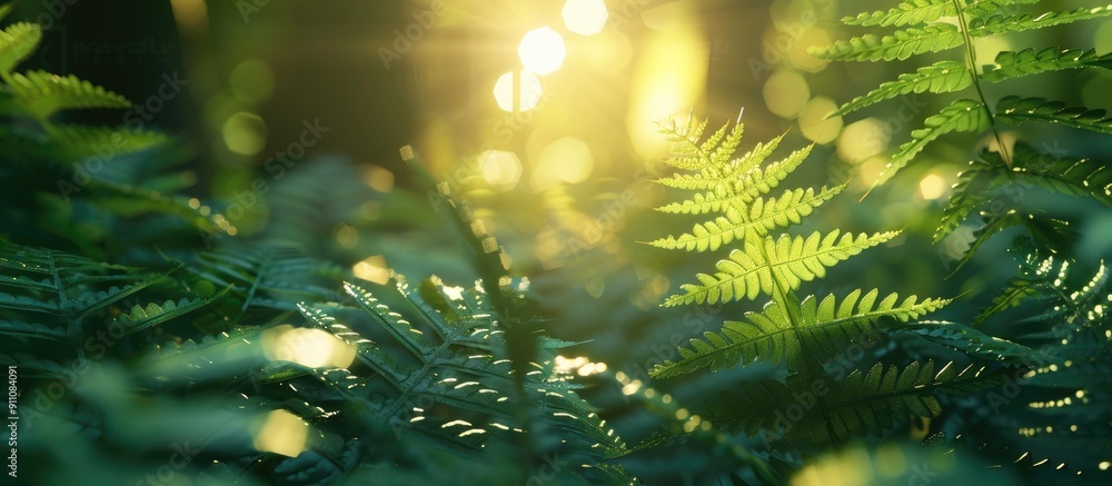 Poster sunlight illuminating fern leaves creating a stunning copy space image