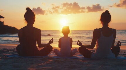 Parents and children enjoying a sunset yoga session on the beach, calm and centered, relaxation and bonding, travel memories