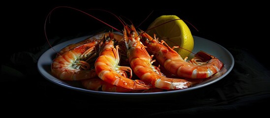 Plate with delicious boiled shrimps lemon and a dark background creating a perfect copy space image