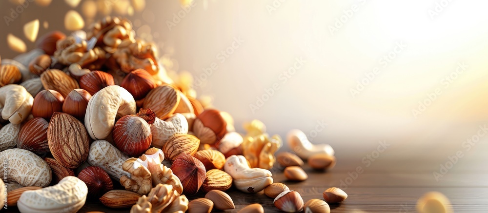 Poster high quality picture displaying a variety of nuts such as almonds walnuts and cashews with available