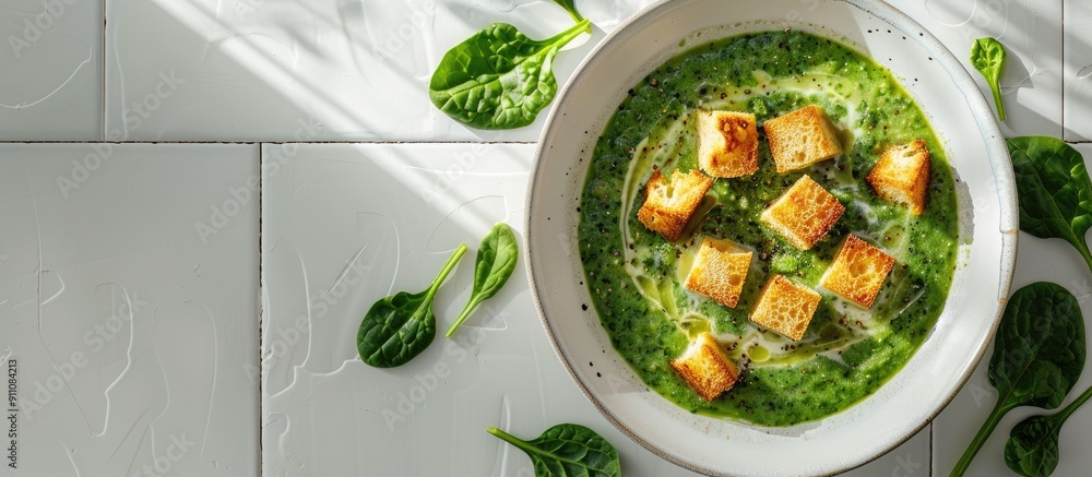 Poster white tiled table showcasing a delectable spinach cream soup with croutons in a flat lay composition