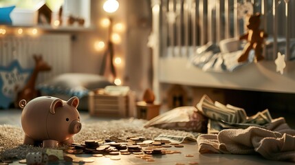 A piggy bank is sitting on the floor next to a crib