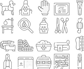 Groomer Pet Service Collection Icons Set Vector. Cage For Transportation Animal And Table For Examination, Groomer Glove And Hair Clipper Black Contour Illustrations
