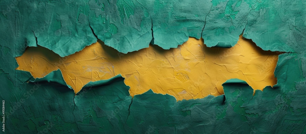 Poster conceptual symbol of our mission on torn yellow paper against a green backdrop with copy space image