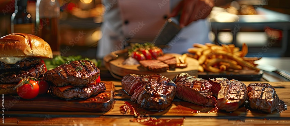 Poster a spread of grilled meats like steaks and burgers displayed on a table with a chef preparing the ste
