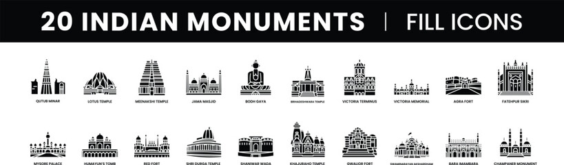 Famous Indian Monuments & Landmarks minimal fill icons like Qutub Minar, Lotus Temple, Jama Masjid, Red Fort, Meenakshi Temple, Victoria Memorial, Humayun's Tomb & More Palaces, Temples, and Forts