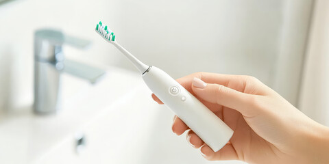 Fototapeta premium A woman holds an electric modern toothbrush in her hand in a white bathroom