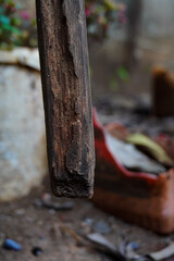 Fototapeta premium an old wooden stick hanging down that was starting to be peeled off by termites