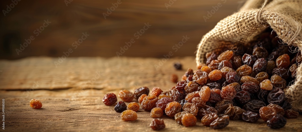 Poster a burlap bag spills raisins creating a rustic scene with copy space image