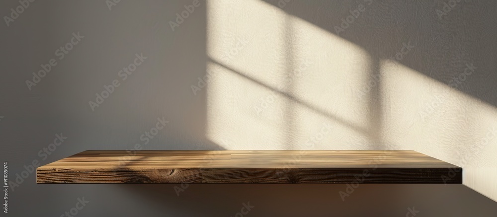 Poster wooden desk with no items on it set against a grey textile background creating a clean and minimalis