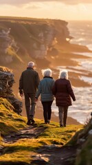 Naklejka premium Three seniors stroll hand in hand at sunset by the ocean, surrounded by lush cliffs and golden light