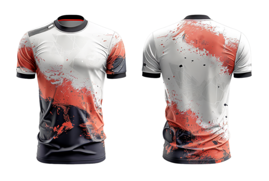 sports jersey uniform template with abstract pattern white orange and black, ai generated
