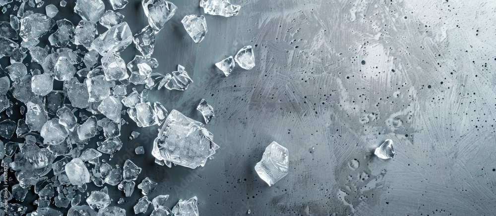 Poster top view of crushed ice on a grey backdrop with copy space image available