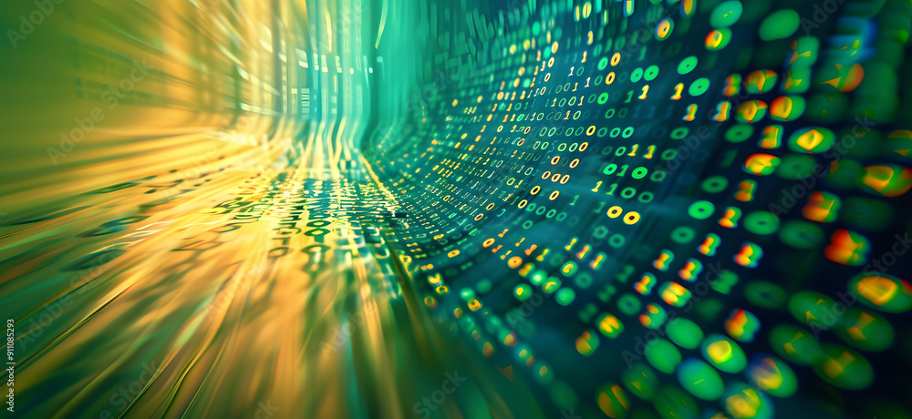 Aufkleber flowing stream of binary code in green and yellow hues, representing data transfer and technology
