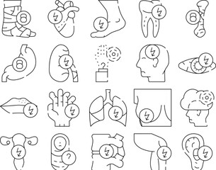 Body Aches Problem Collection Icons Set Vector. Heart And Teeth, Bone And Eye, Chest And Uterus, Leg And Fingers Sharp And Unknown Pain Black Contour Illustrations